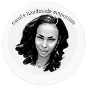 Black-and-white logo of a woman's portrait with the text &ldquo;carol's handmade emporium&rdquo; in a circular design