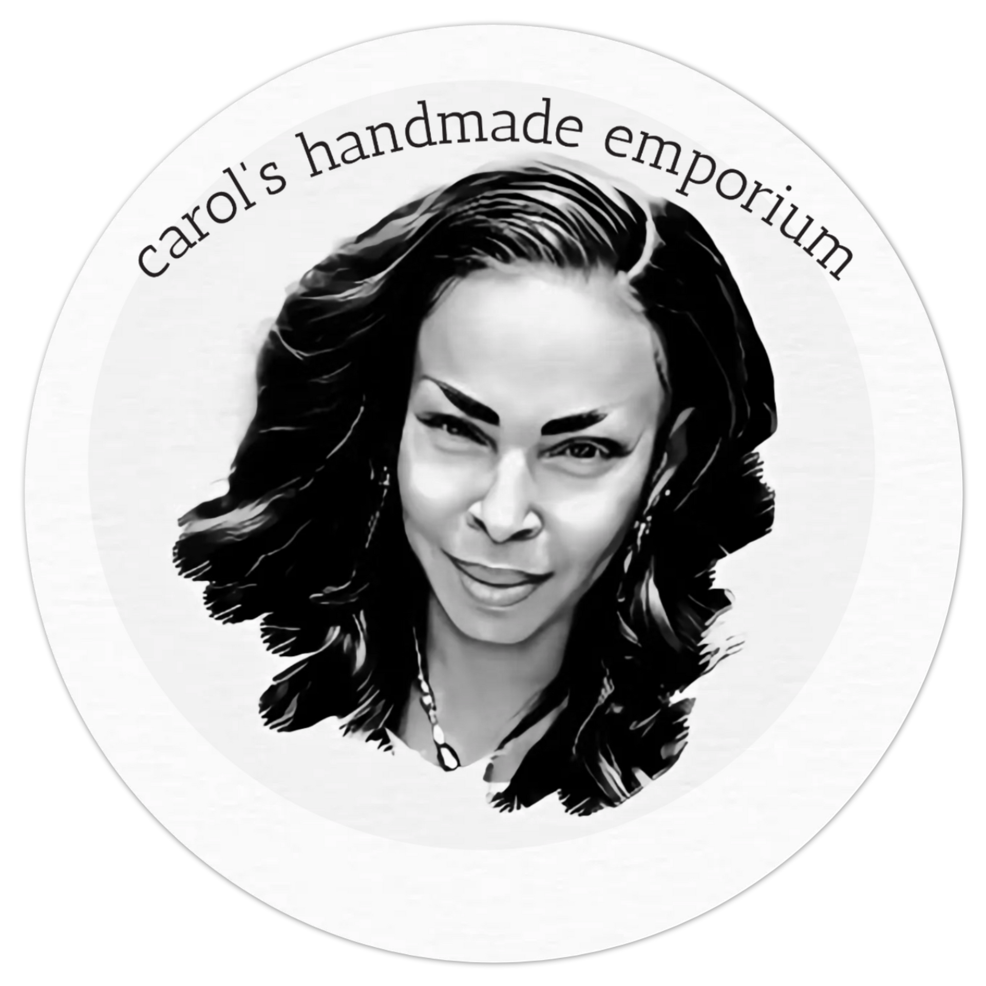 Black-and-white logo of a woman's portrait with the text &ldquo;carol's handmade emporium&rdquo; in a circular design