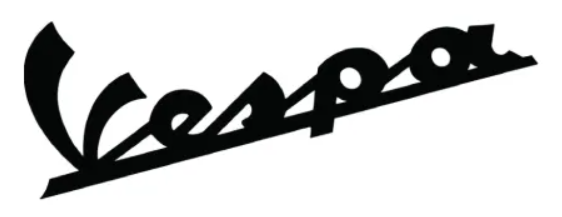 Logo Vespa nero su sfondo bianco, carattere corsivo stilizzato.