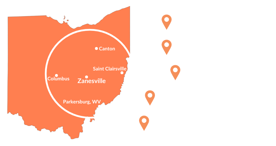 Map of Ohio showing Zanesville Concrete Pros service area, which includes Zanesville, Columbus, Canton, Saint Clairsville, Parkersburg, WV.
