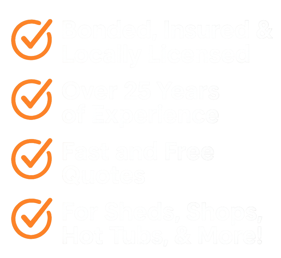 Zanesville Concrete Pros checklist graphic highlighting over 25 years of experience, bonded and insured status, and fast quotes for services including concrete slab installation, cement slabs for sheds, slab foundations, and more.