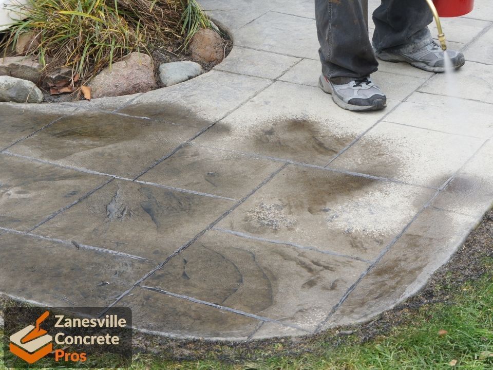 Beautiful stamped concrete patio and walkway with staining and sealing options being done in Columbus, Ohio.