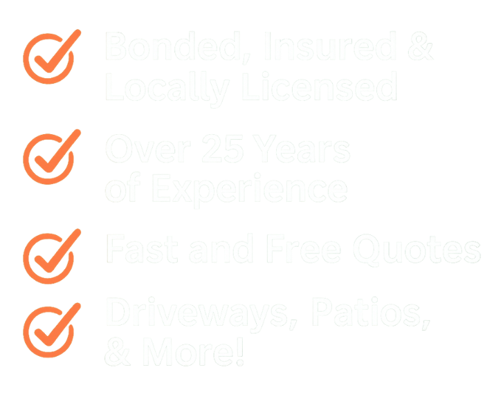 Zanesville Concrete Pros checklist graphic showcasing over 25 years of experience, fast quotes, and insured local service for stamped concrete patios, decorative patio designs, and concrete patio installation near Zanesville, OH.