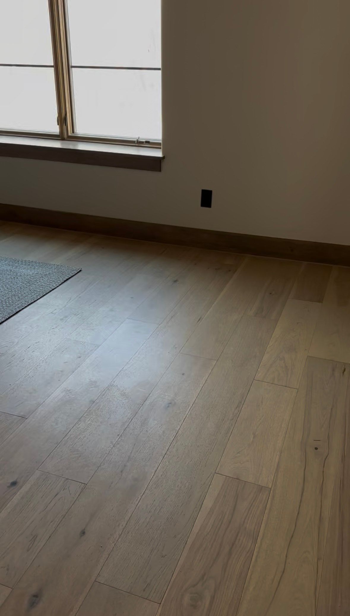 Light-colored wooden floor in a room, with a window and a small rug visible. A dark outlet is on the wall.