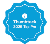 A blue, scalloped-edge badge with the white Thumbtack logo and text that reads: 