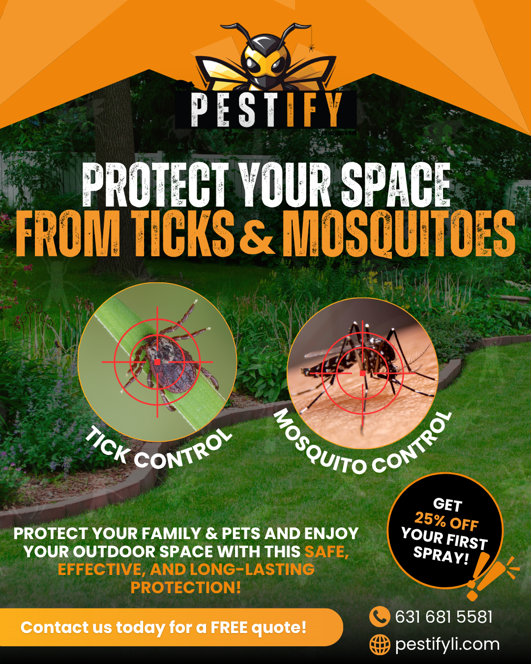 Free mosquito and tick spray ad with Pestify logo, bugs on green leaves, and phone number 631-681-5581.