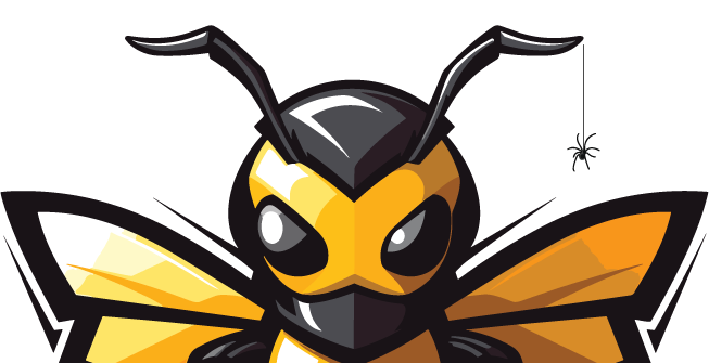 A stylized graphic of an aggressive yellow and black hornet mascot with a small spider hanging from one of its antennae.