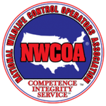 The circular blue logo of the National Wildlife Control Operators Association with a US map, red text, and slogans.