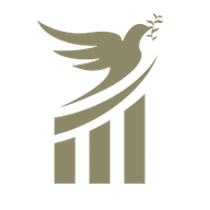 A tan logo featuring a dove carrying an olive branch, rising above three vertical columns.