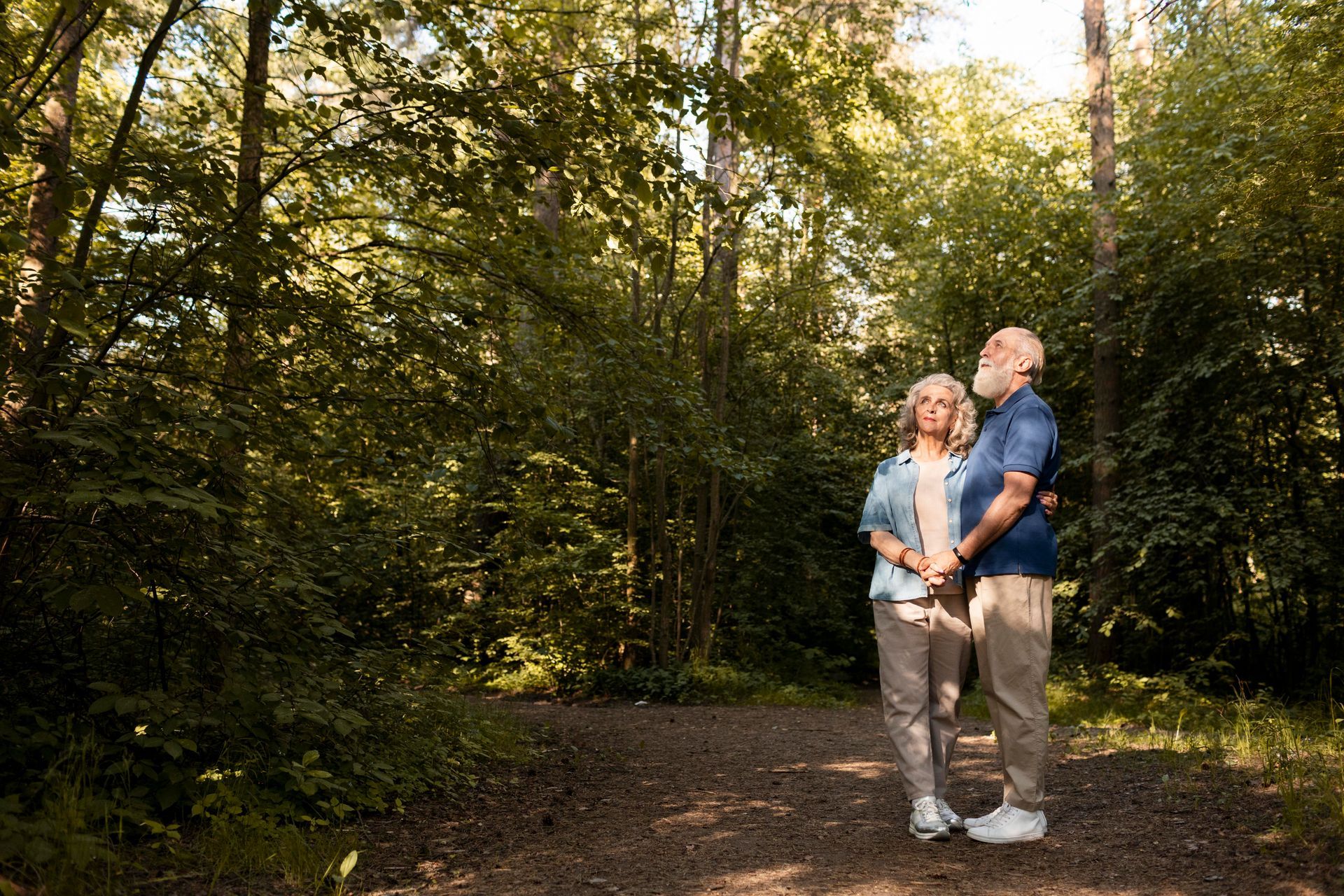 Two people stand in a sunlit forest, looking up at the trees together while holding hands.