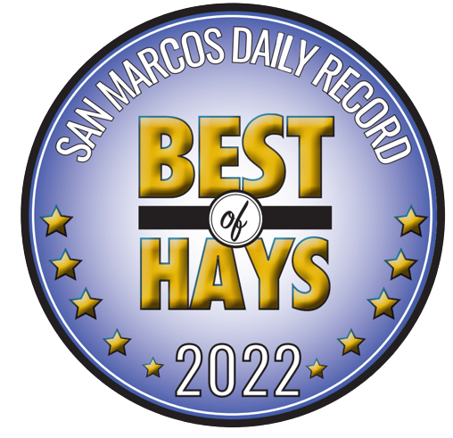 Best of Hays 2022 award logo. A blue and gold circular badge from the San Marcos Daily Record with text and stars.