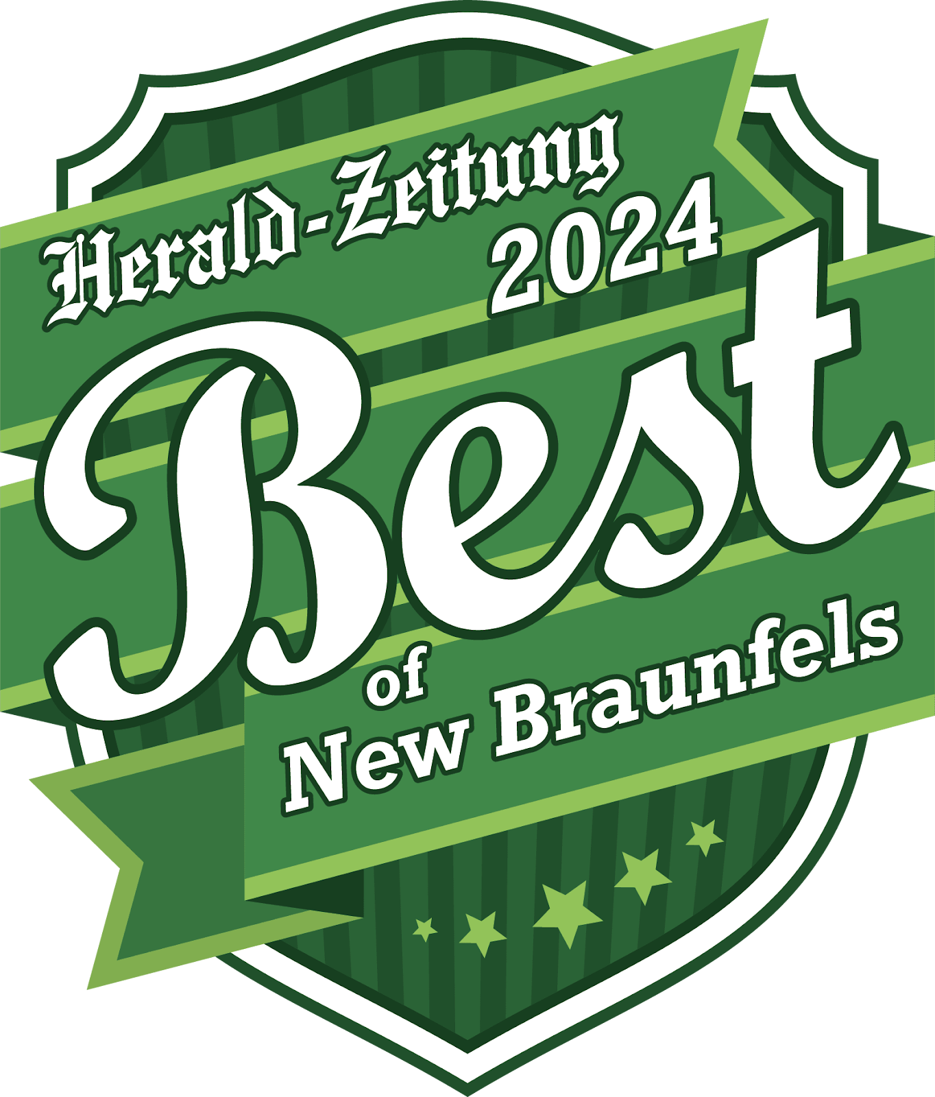 Green and white "Best of New Braunfels 2024" award logo from Herald-Zeitung, with stars and a shield design.