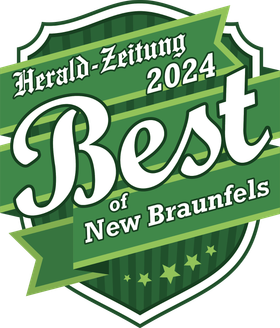 Green and white "Best of New Braunfels 2024" award logo from Herald-Zeitung, with stars and a shield design.