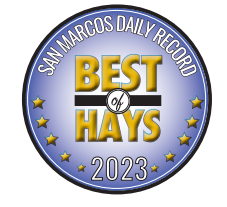 "Best of Hays 2023" award logo, circular with blue and gold text, stars, and "San Marcos Daily Record" at top.