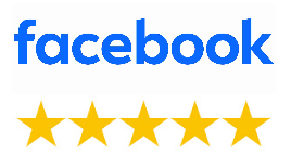 Facebook logo with five yellow stars, indicating a five-star rating.