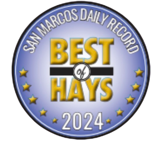 "Best of Hays 2024" award badge from San Marcos Daily Record. Blue and gold design with stars around the edge.