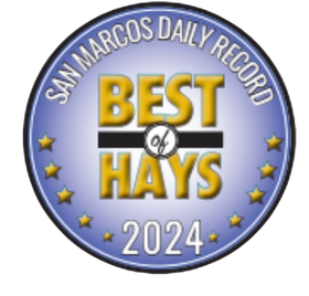 "Best of Hays 2024" award badge from San Marcos Daily Record. Blue and gold design with stars around the edge.
