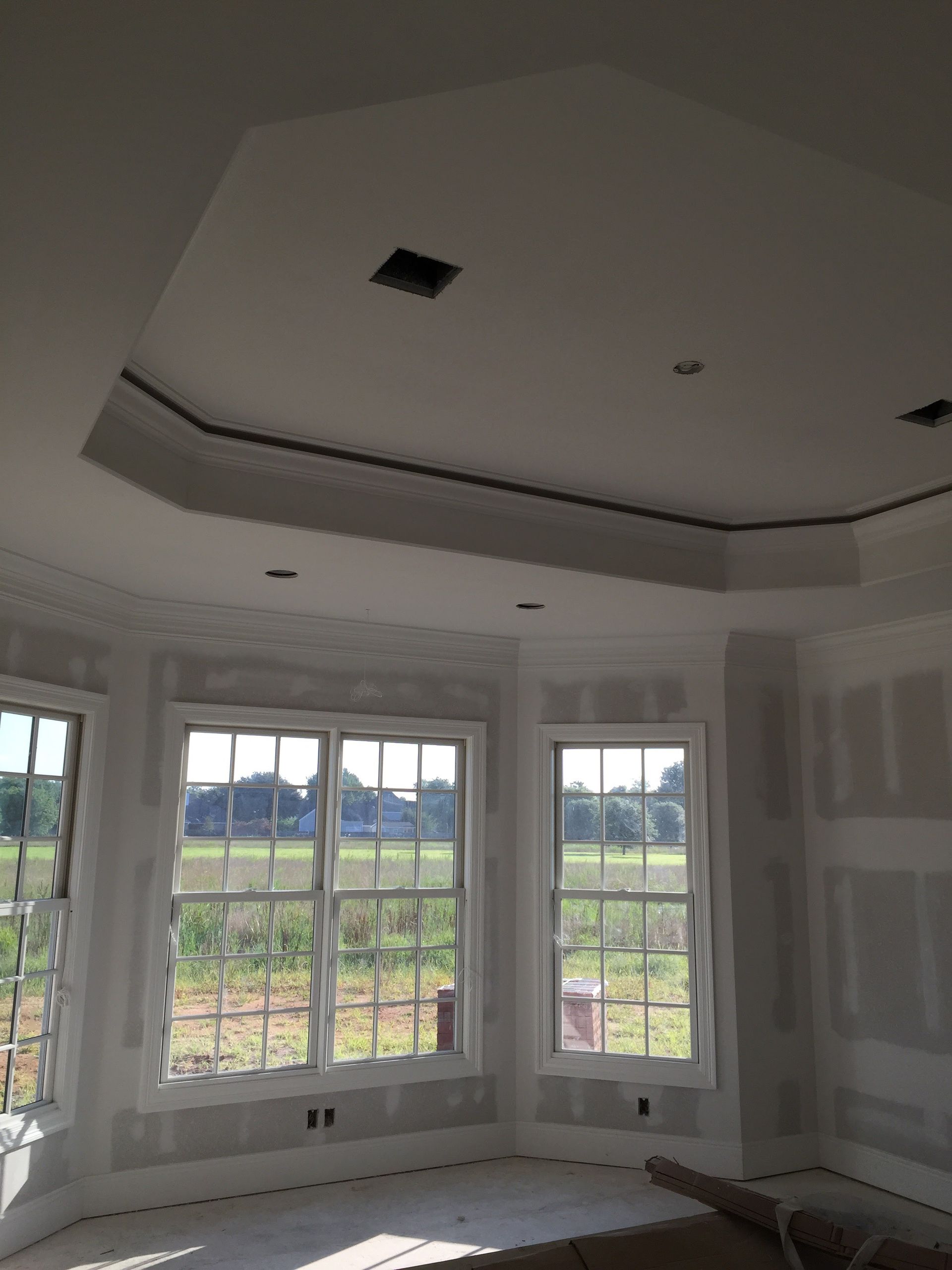 Unfinished room with bay windows and a decorative ceiling, drywall walls and trim.