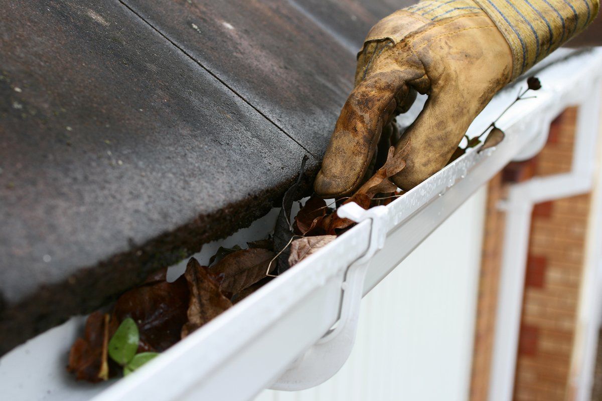 Gloved hand cleaning leaves from a white gutter on a roof.