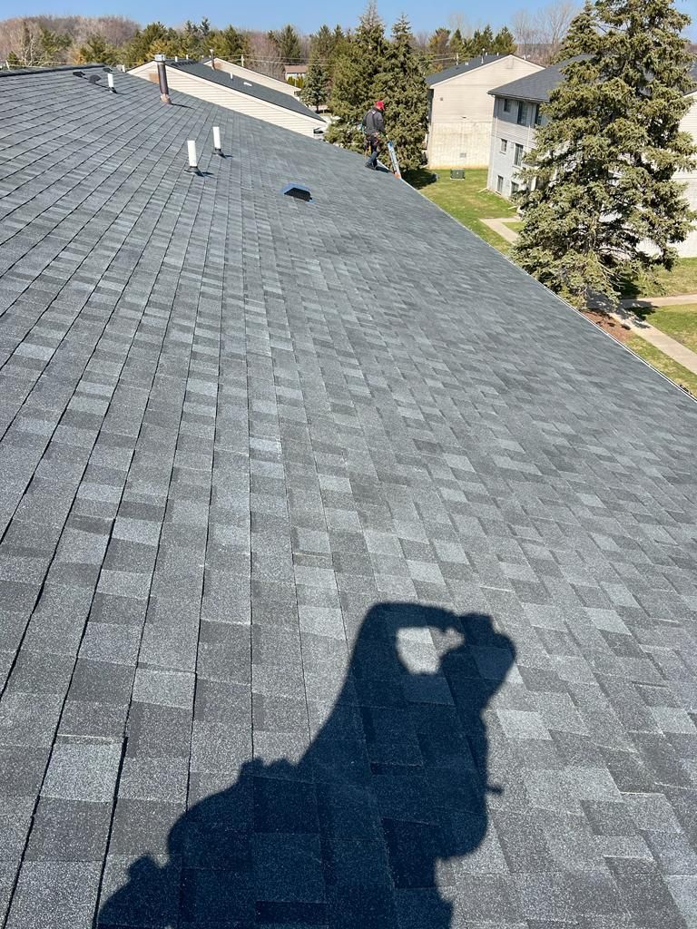 Person on a roof with grey shingles, taking a picture on a sunny day.
