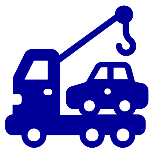 A blue tow truck with a crane and a car on the back.