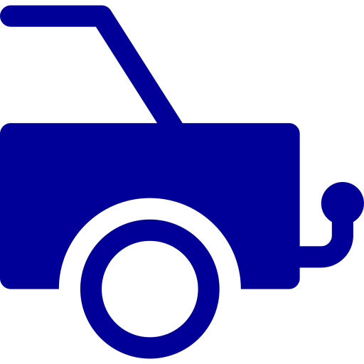 A blue and white icon of a trailer on a white background.