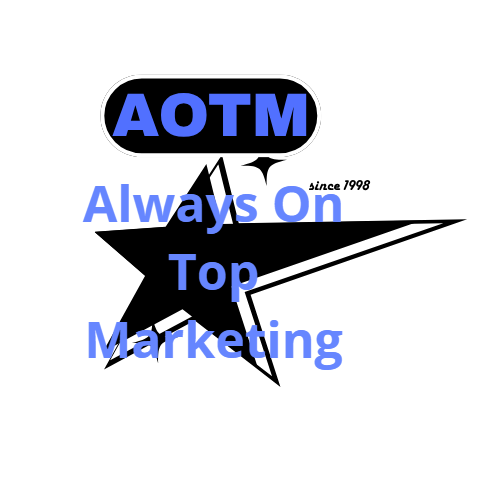 A black and white sign that says always on top marketing