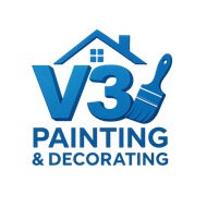 Blue logo: "V3" with a house and paintbrush, "PAINTING & DECORATING" text.