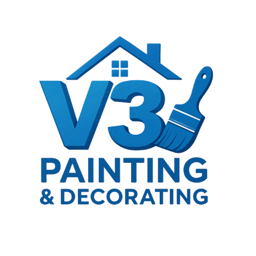 Blue logo: "V3" with a house and paintbrush, "PAINTING & DECORATING" text.