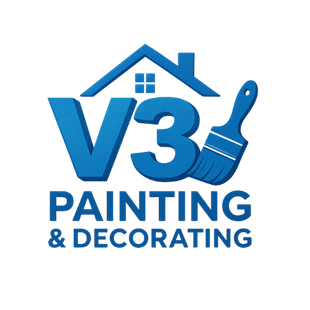 Blue logo: "V3" with a house and paintbrush, "PAINTING & DECORATING" text.