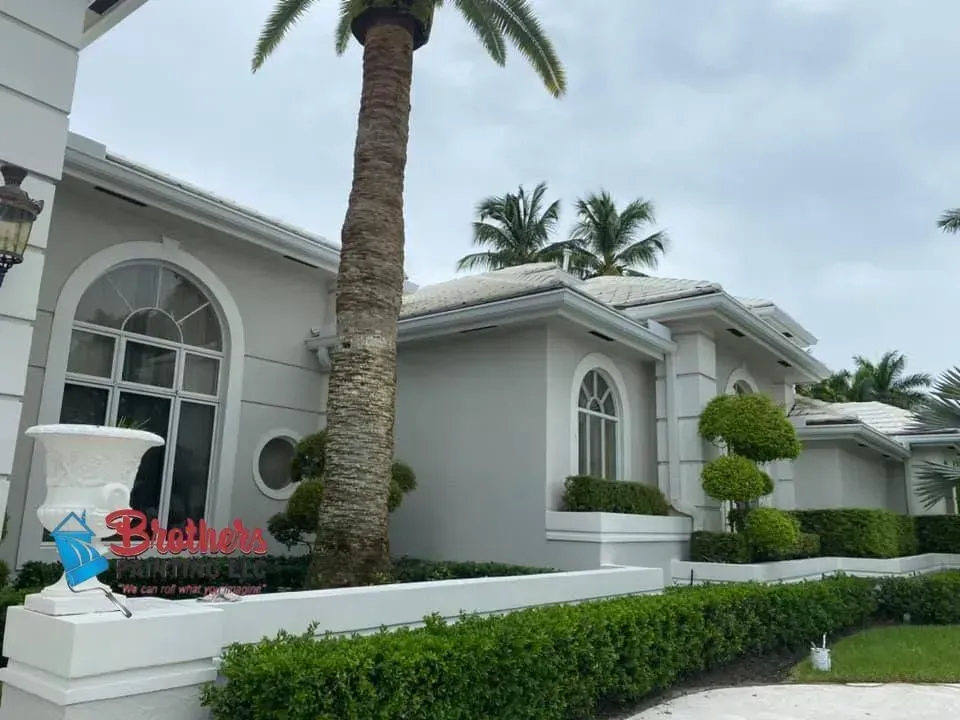 White Mediterranean-style house with arched windows, palm trees, and manicured hedges in front yard