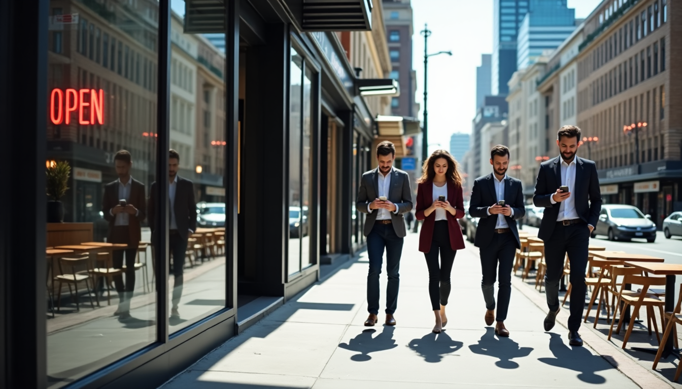 4 people walking on a high street while on their phones