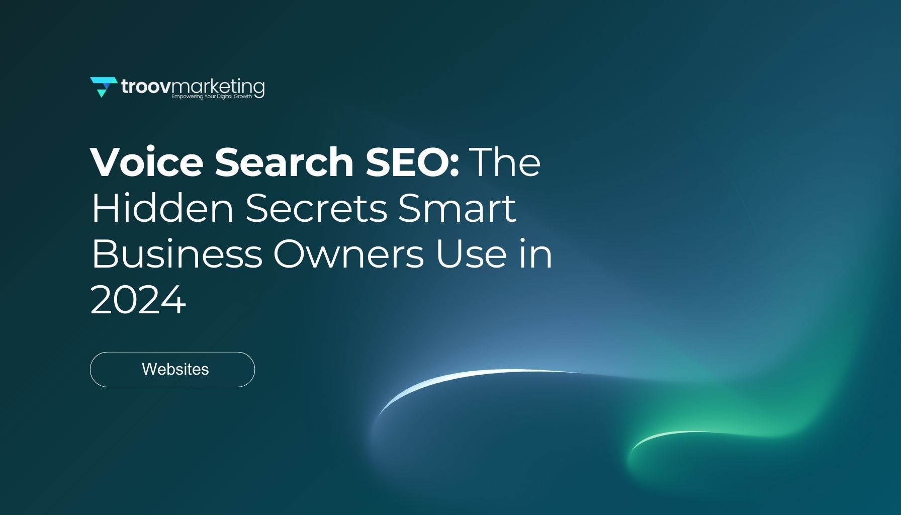 Voice search SEO guide for 2024, blue gradient background with text and logo.