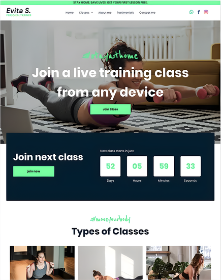Woman exercising, promoting live training classes, dark teal background.