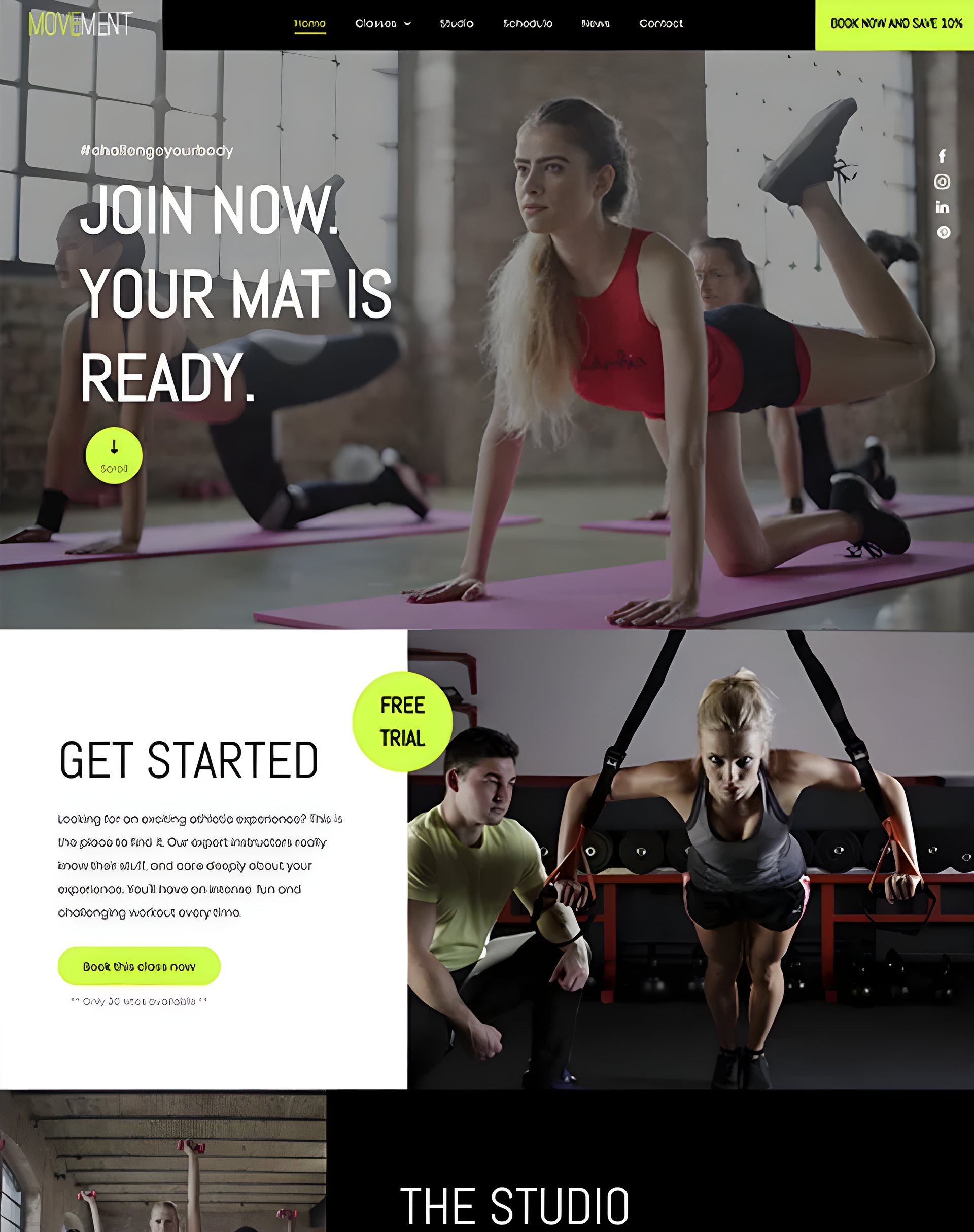 Fitness class in a studio. People working out, instructor assisting.