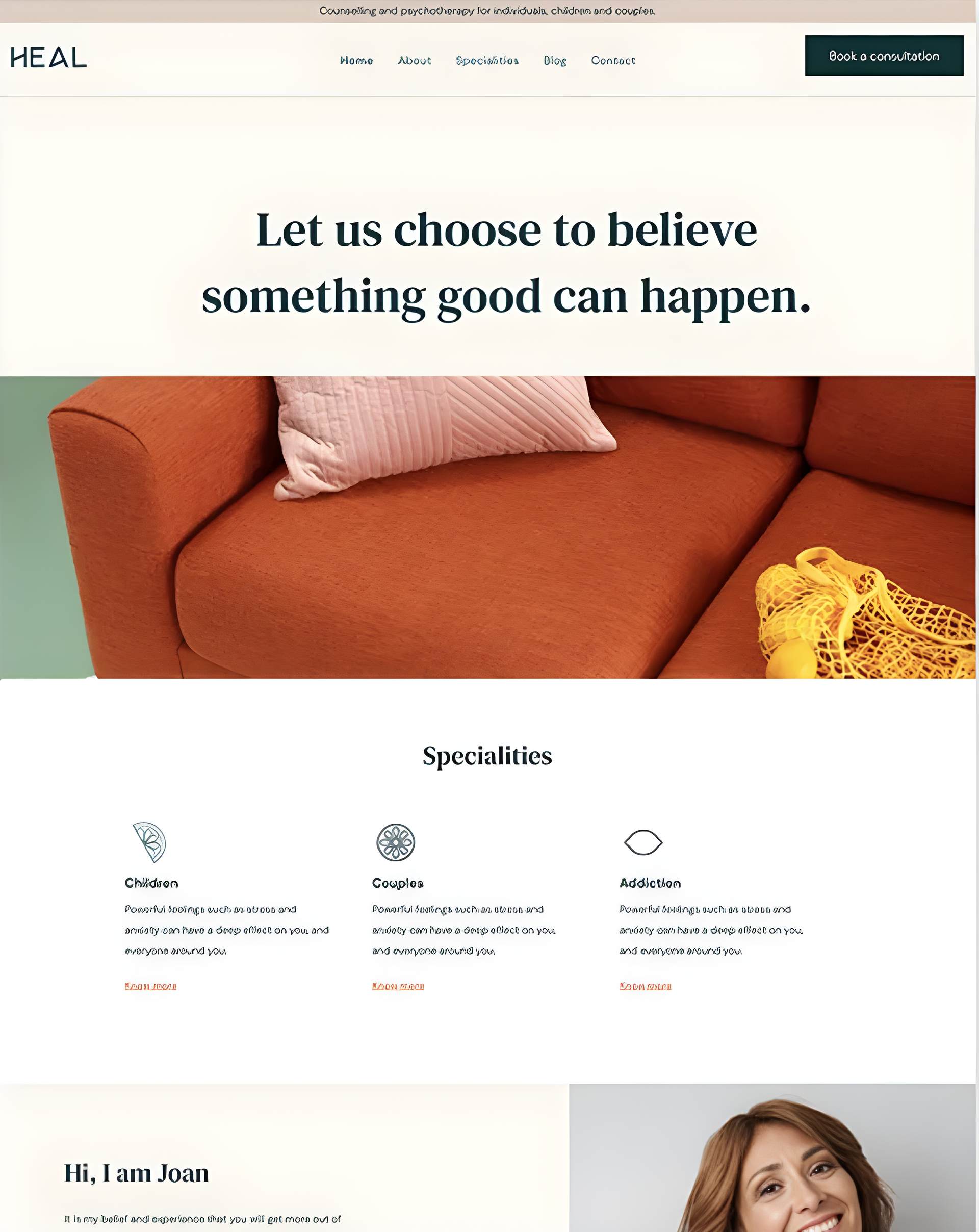 Homepage featuring an orange couch, text 