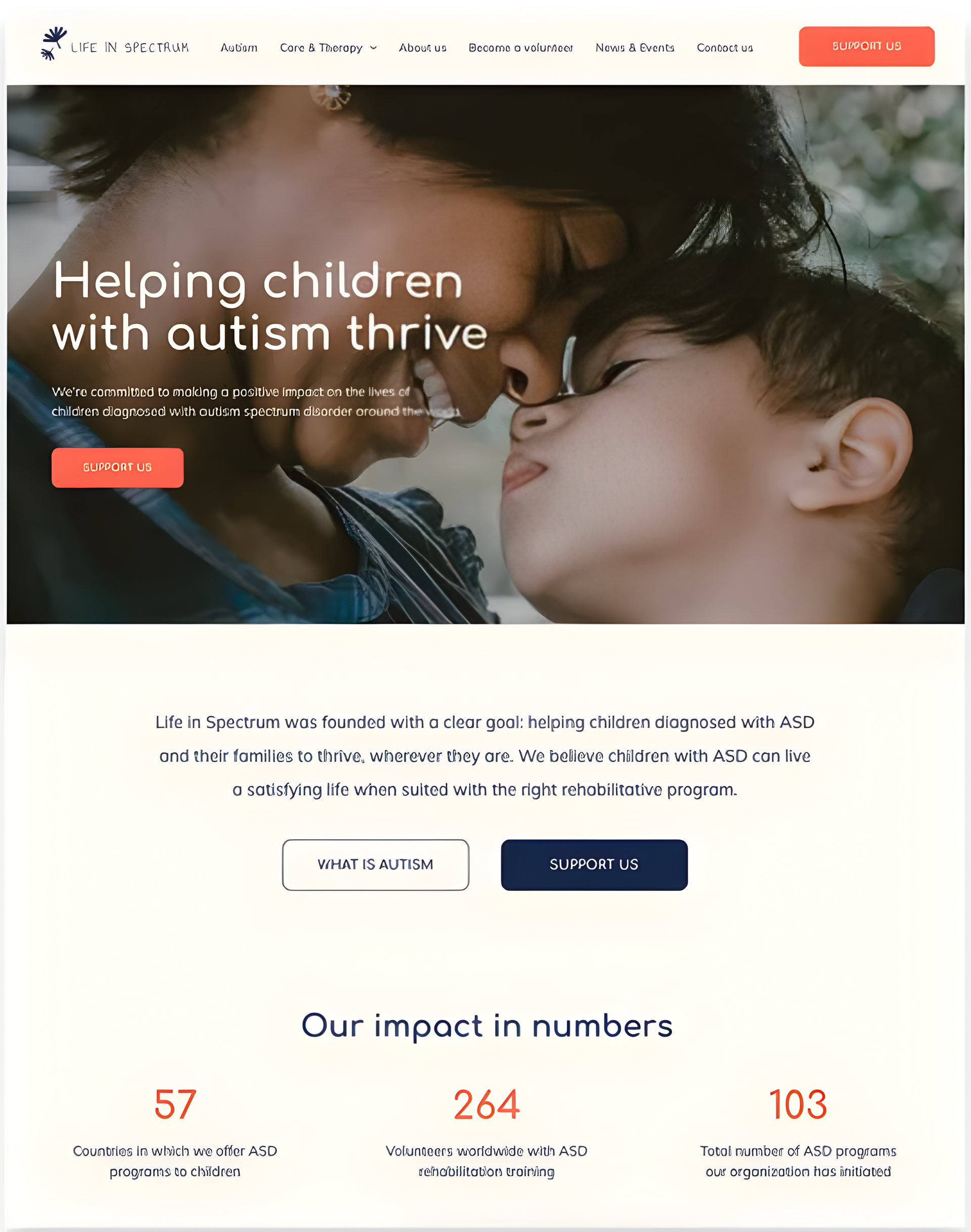 A person and child embrace, text: Helping children with autism thrive; website promoting autism support services.