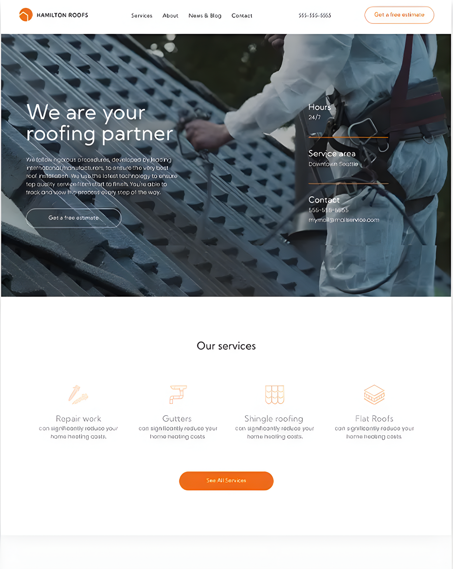 Roofer on a roof, working; company website promoting roofing services.