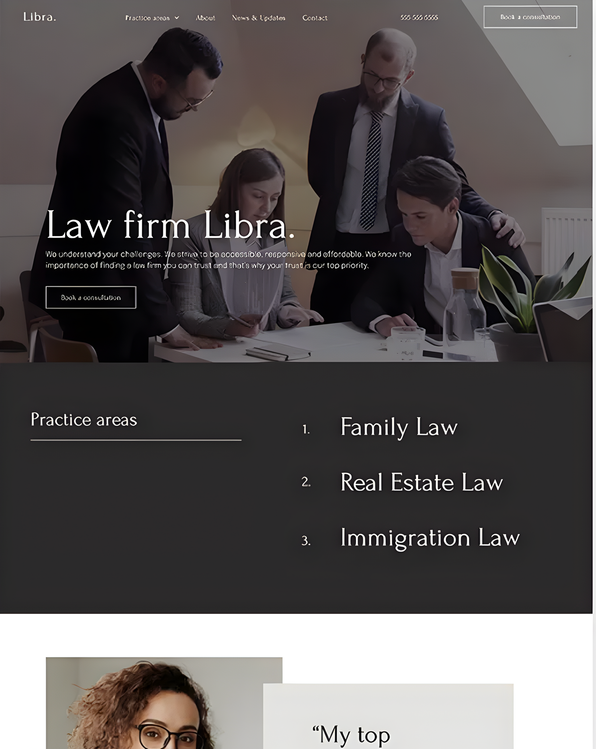 Law firm website: Professionals in suits, practice areas listed (Family, Real Estate, Immigration).