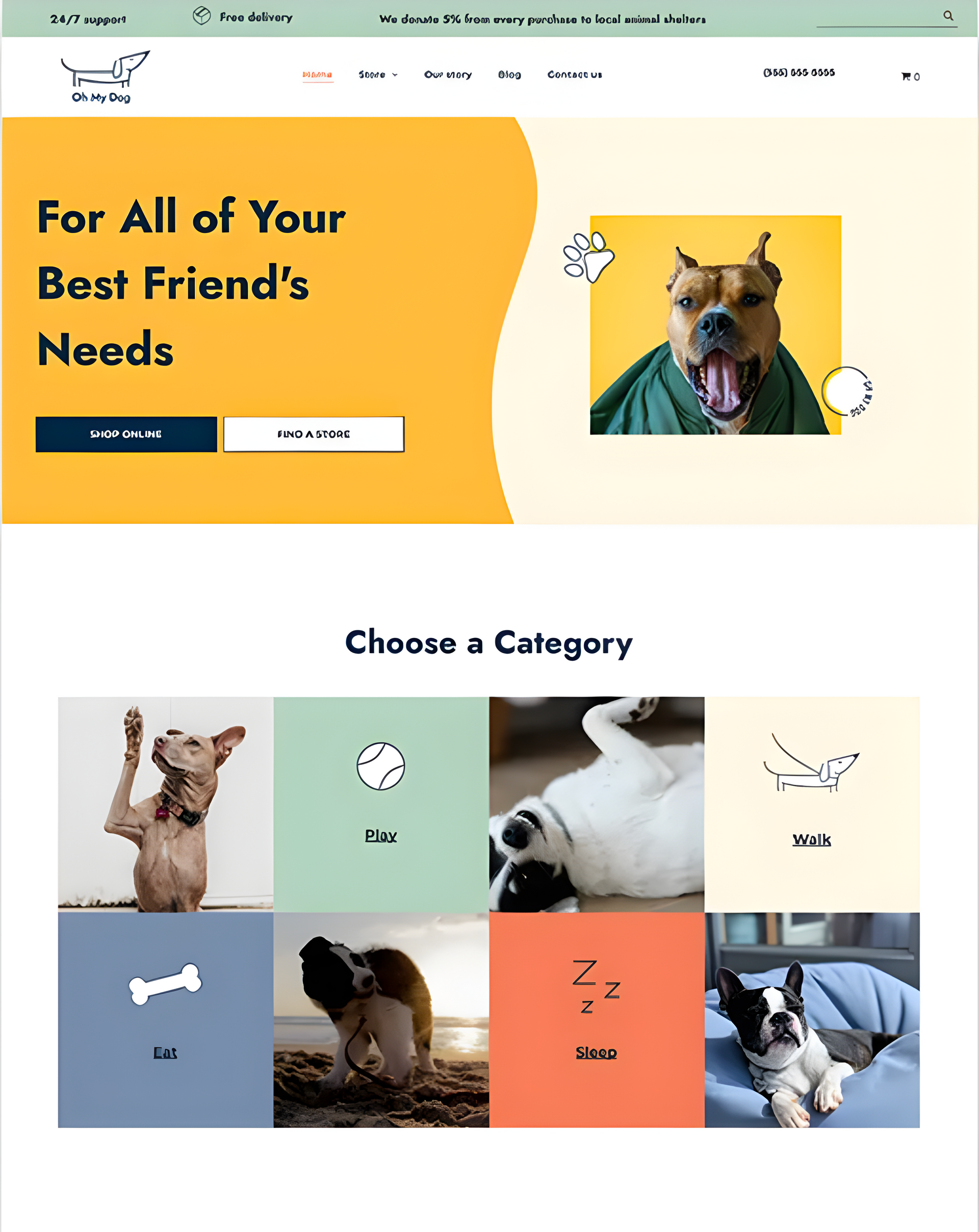 Homepage with a dog-focused website. Features a yellow banner with dog, categories, and product images.