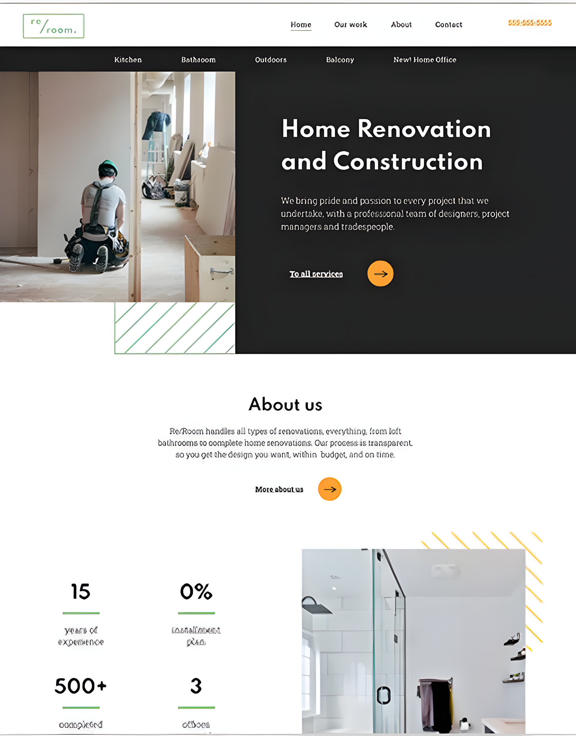 Homepage for home renovation services, with a contractor and bathroom.