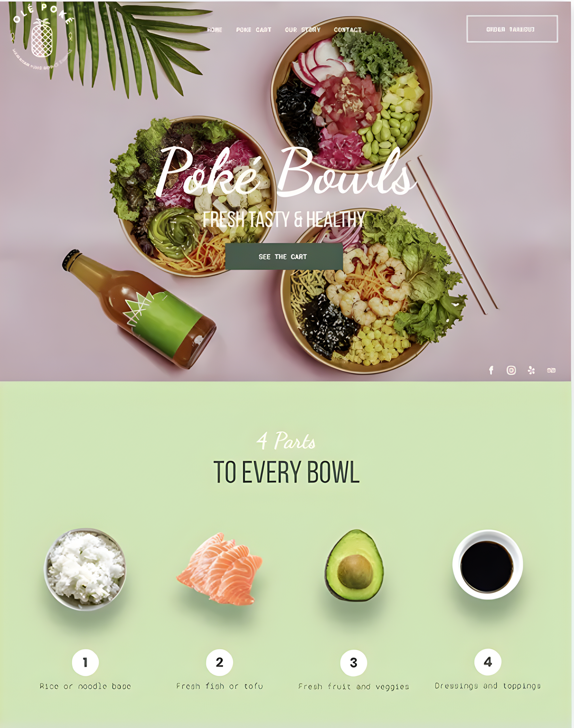 Colorful poke bowls with ingredients, bottle of sauce, and instructions.