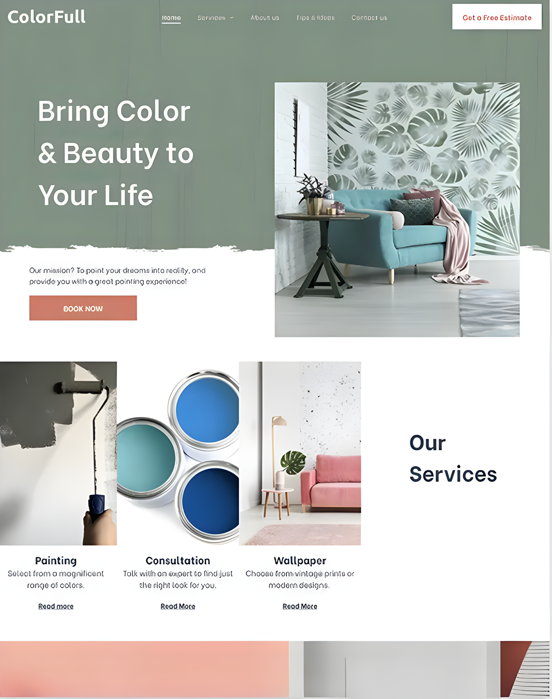 Homepage promoting painting services. Features a living room, paint cans, and wallpaper examples.