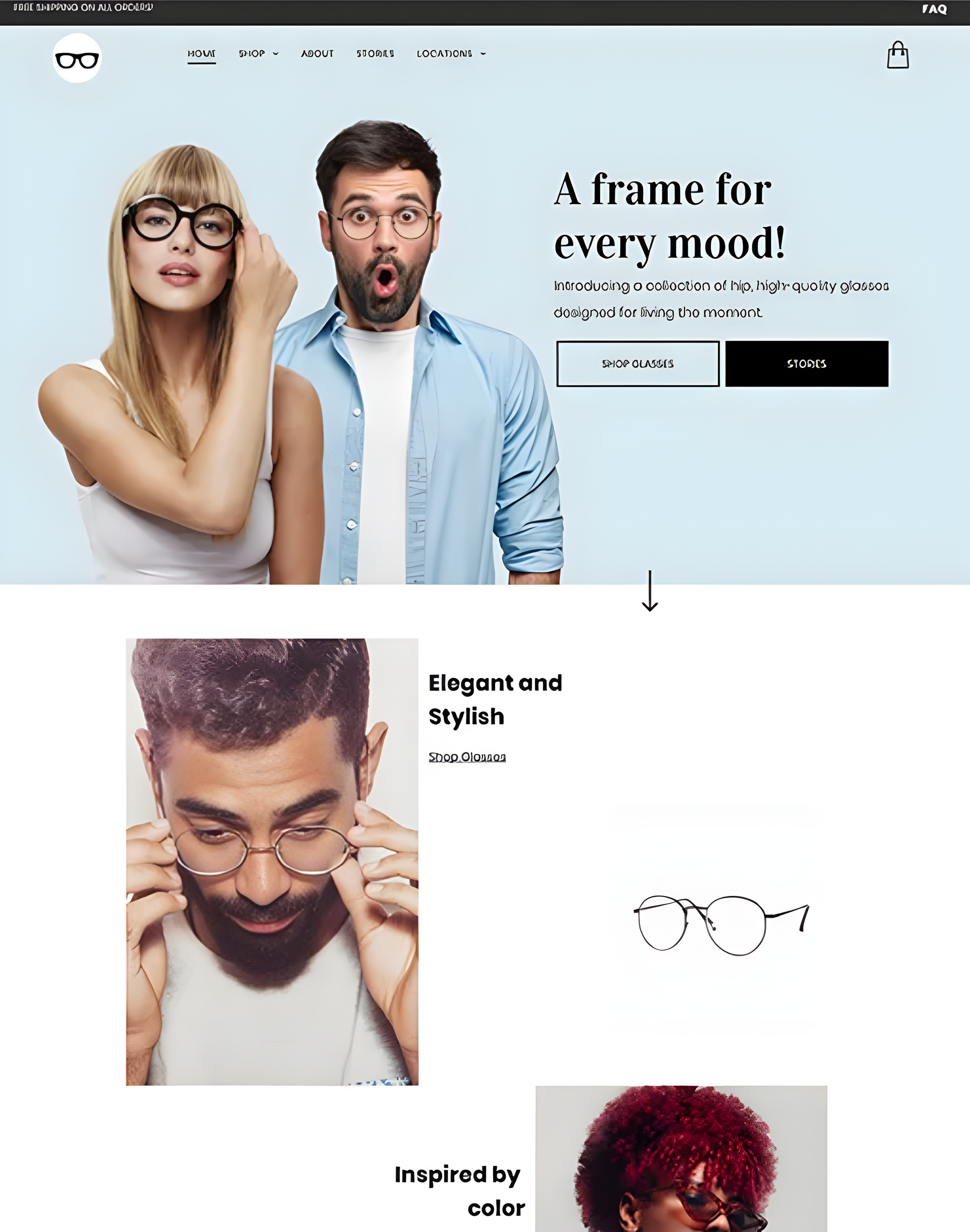 Website promoting glasses. A man and woman with glasses; frames on display.