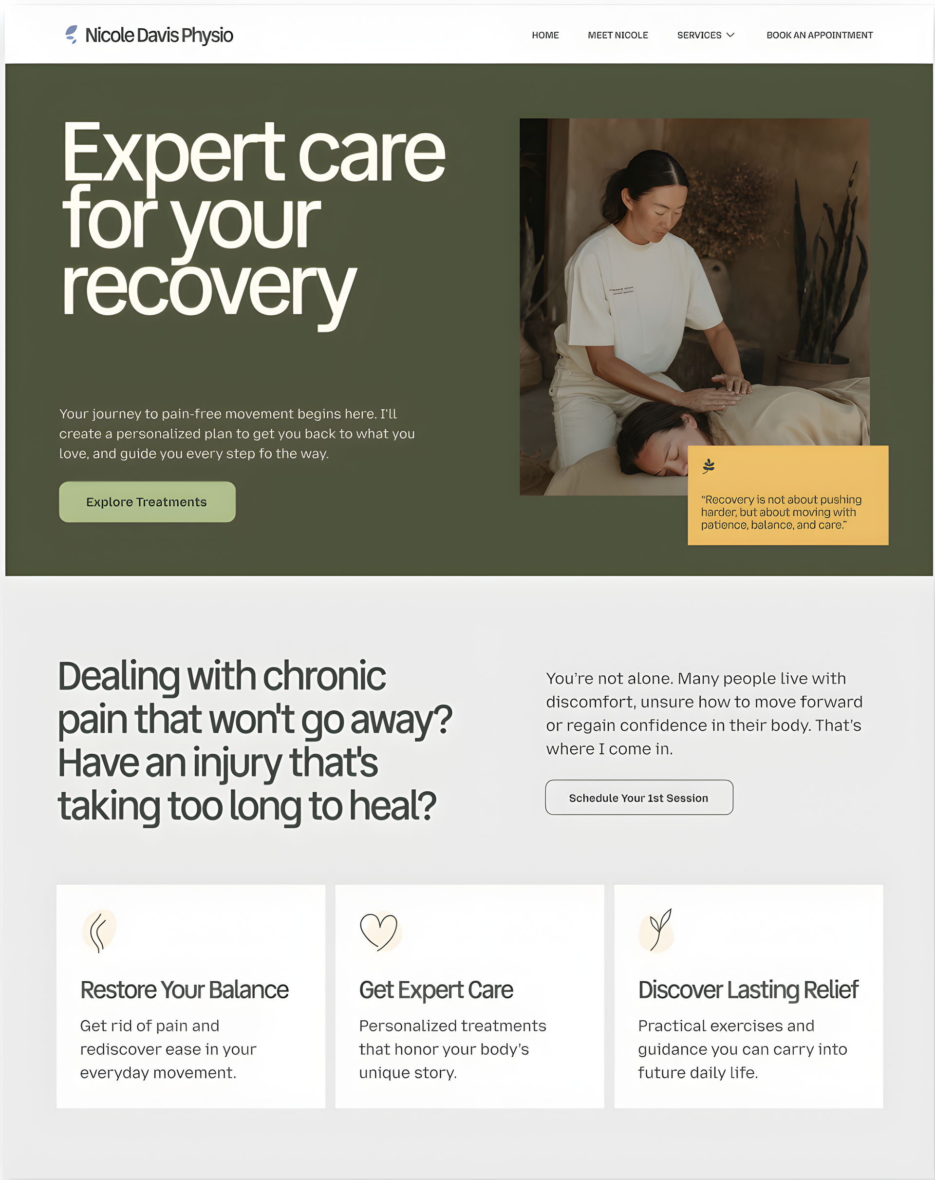 Website promoting recovery services: woman providing care to patient. Headline reads 