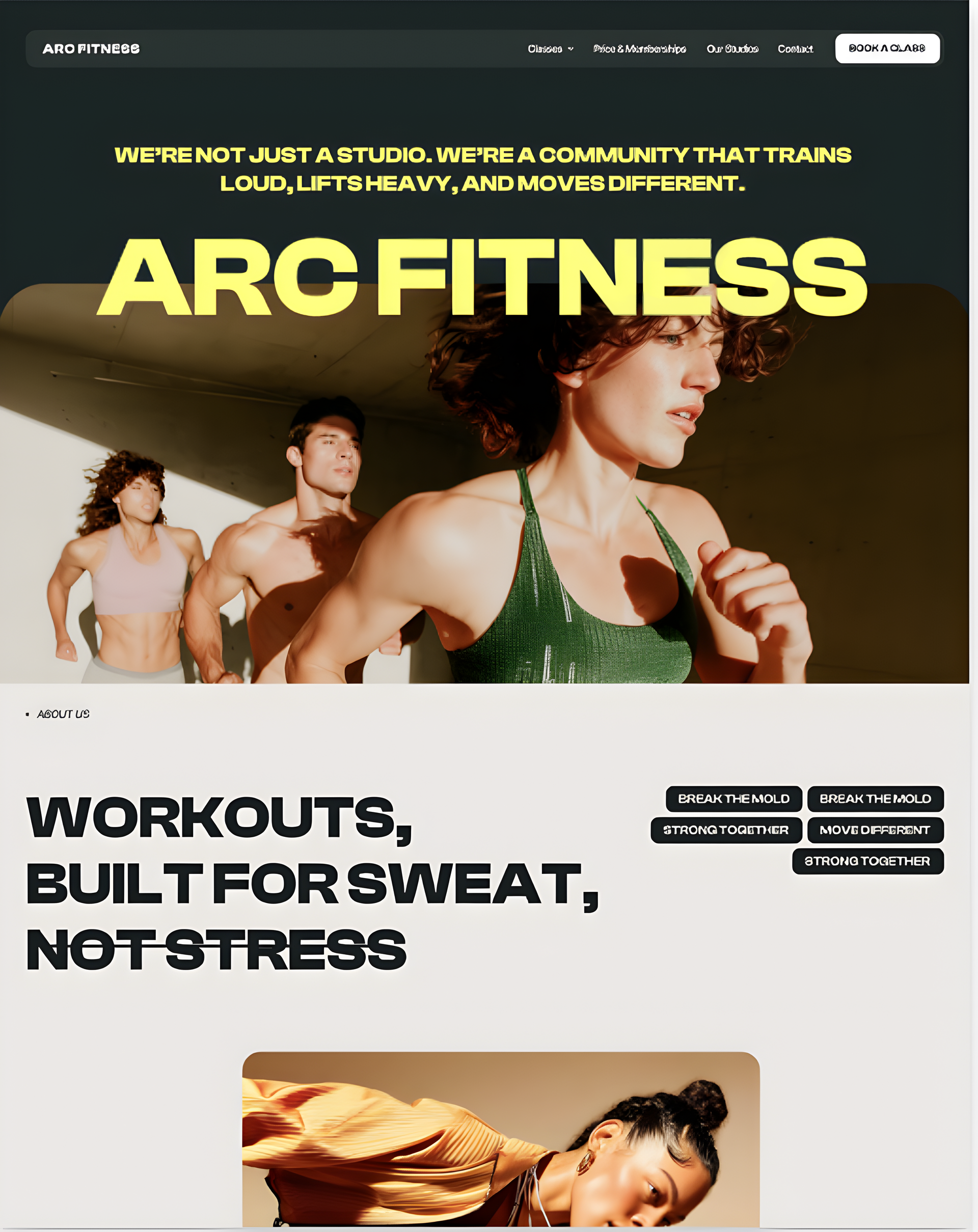 Homepage for Arc Fitness, featuring fitness enthusiasts running. Text: 