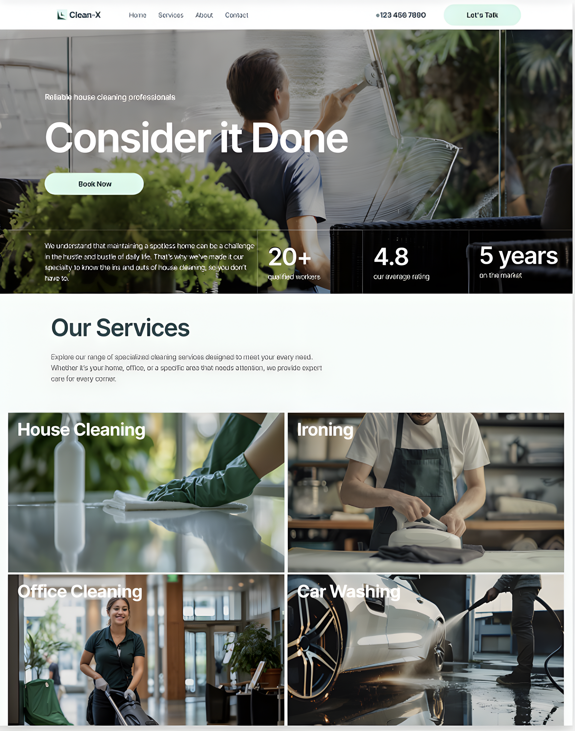 Homepage for cleaning services, featuring service tiles and tagline 