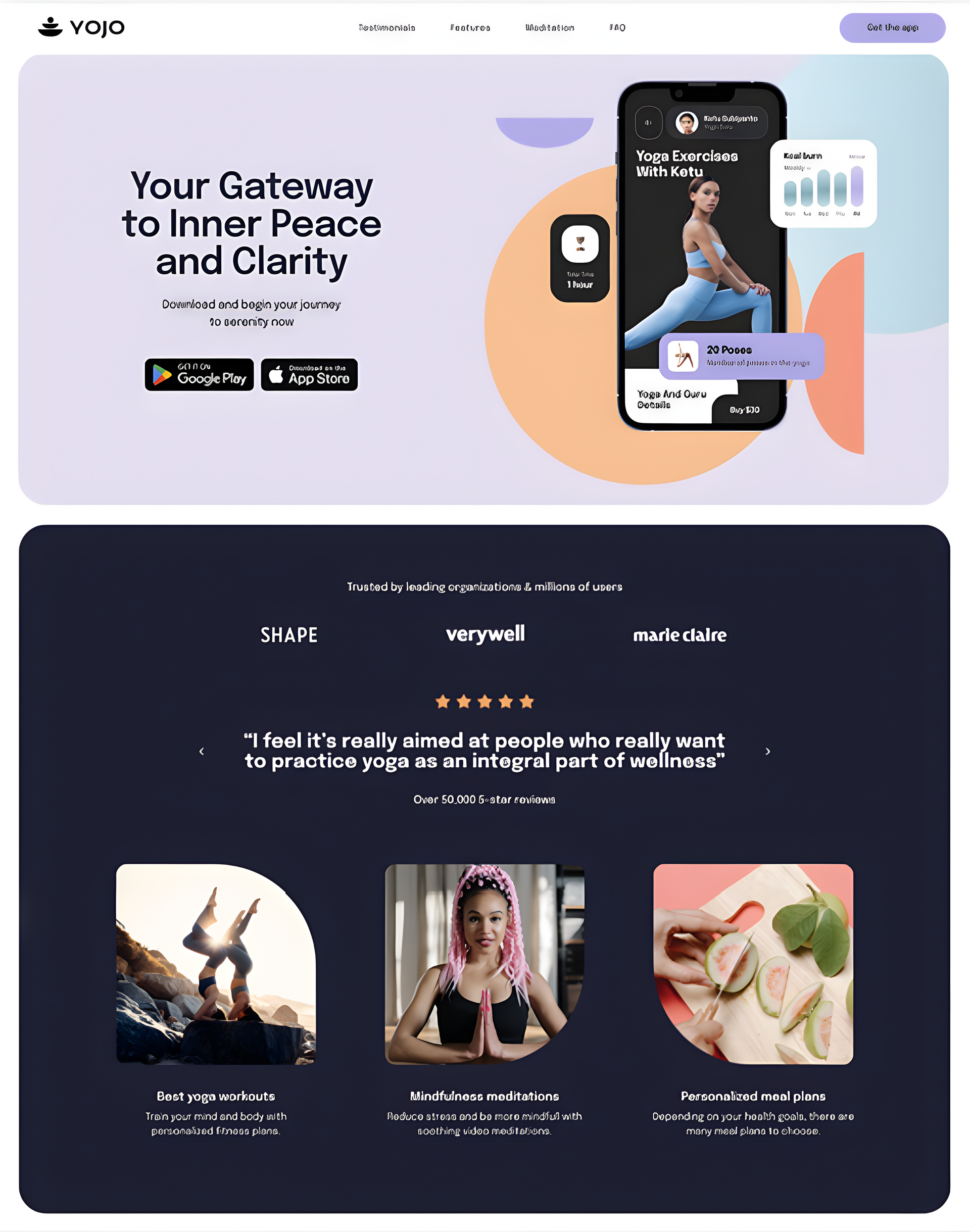 Yoga app website, featuring phone screen showing a yoga class. Text: 