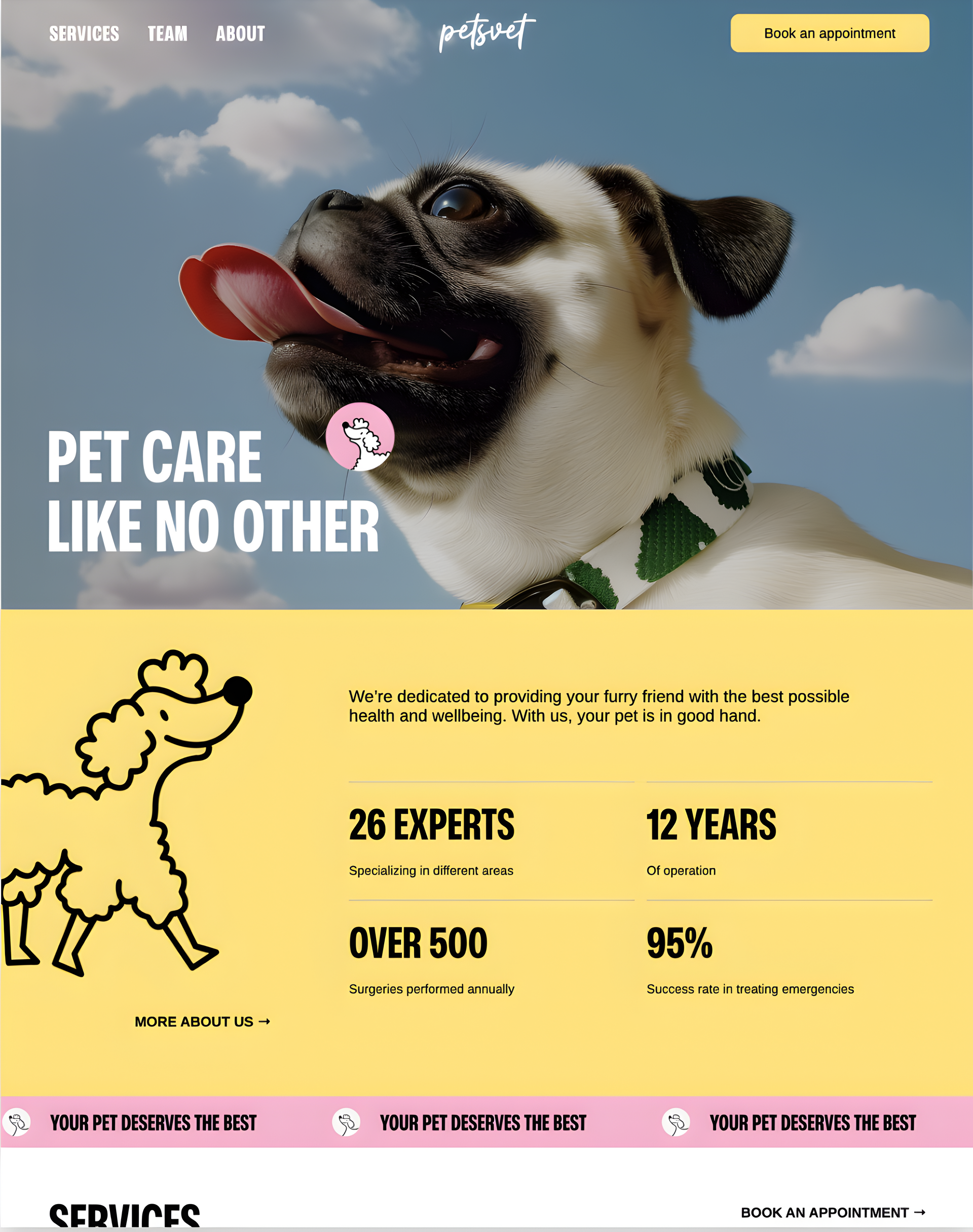 A pug with tongue out, website promoting pet care, with yellow and pink elements, and numbers: 26, 12, Over 500, 85%.