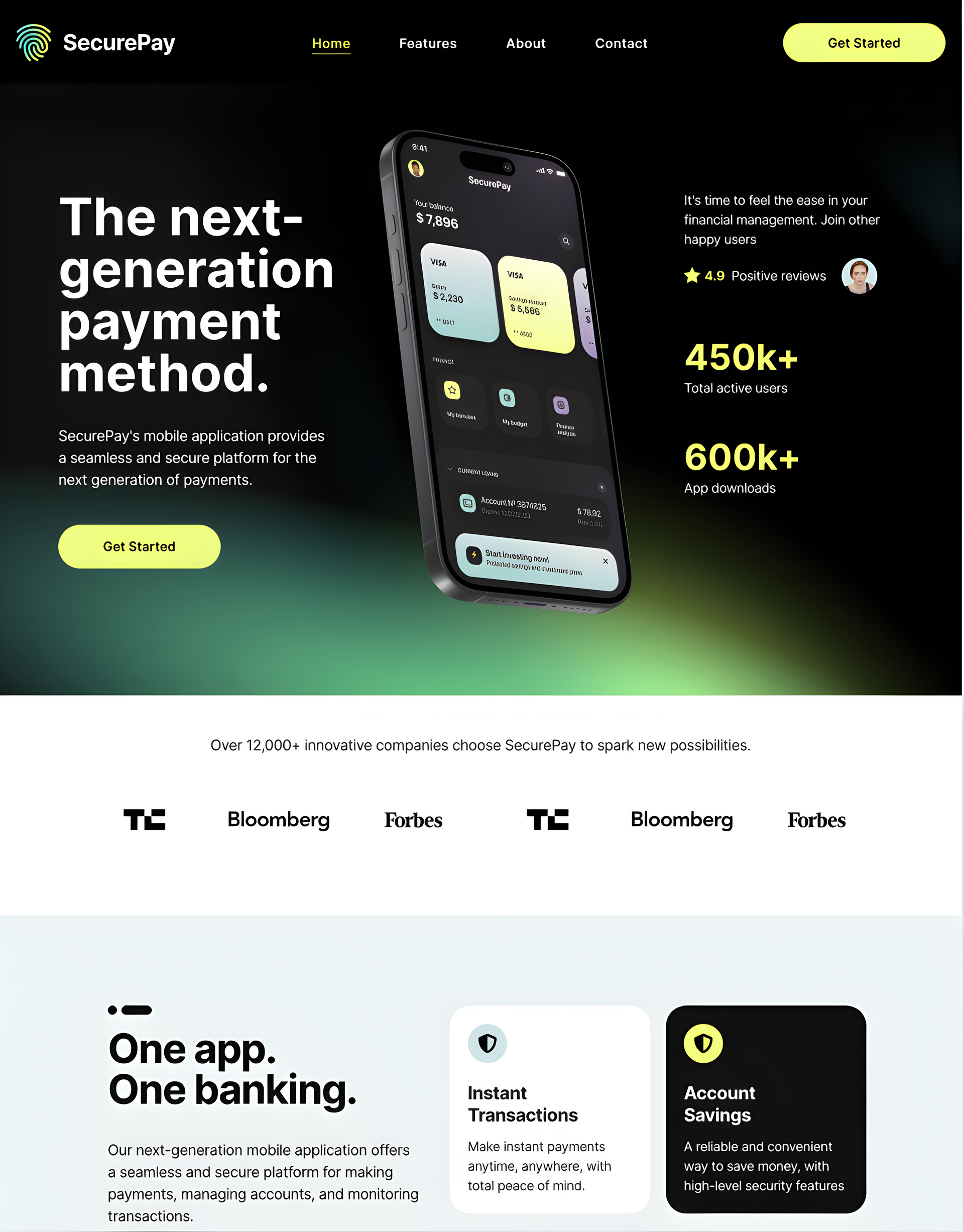 Webpage promoting a payment method, showing a phone with an app interface,